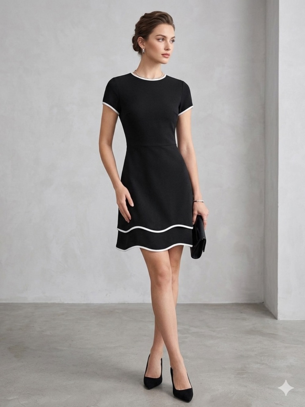 Aqua Black Mini Dress with White Piping
